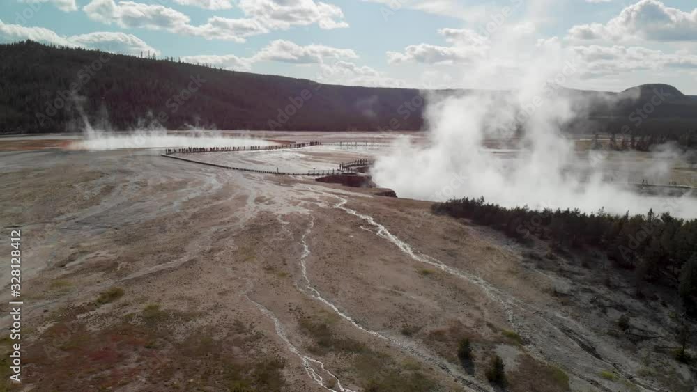 Midway Geyser Basin, Yellowstone. Beautiful aerial view of National Park main attraction Midway Geyser Basin, Yellowstone. Beautiful aerial view of National Park main attraction