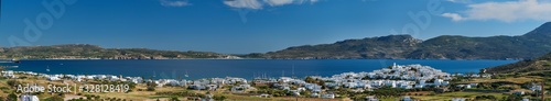 Panoramic view of Plaka village with traditional Greek church. Milos island, Greece