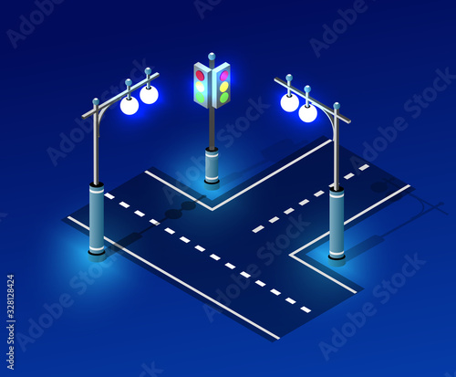 Isometric night light lighting ultra city concept of lanterns, an ultraviolet 3d modern