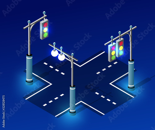 Isometric night light lighting ultra city concept of lanterns, an ultraviolet 3d