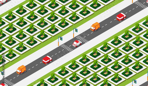 Isometric Crossroads of streets of highways with traffic cars standing in jam. Seamless repeating background illustration