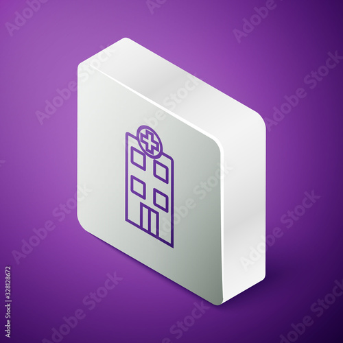 Isometric line Medical hospital building with cross icon isolated on purple background. Medical center. Health care. Silver square button. Vector Illustration