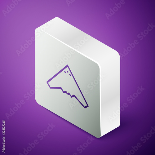 Isometric line Jet fighter icon isolated on purple background. Military aircraft. Silver square button. Vector Illustration