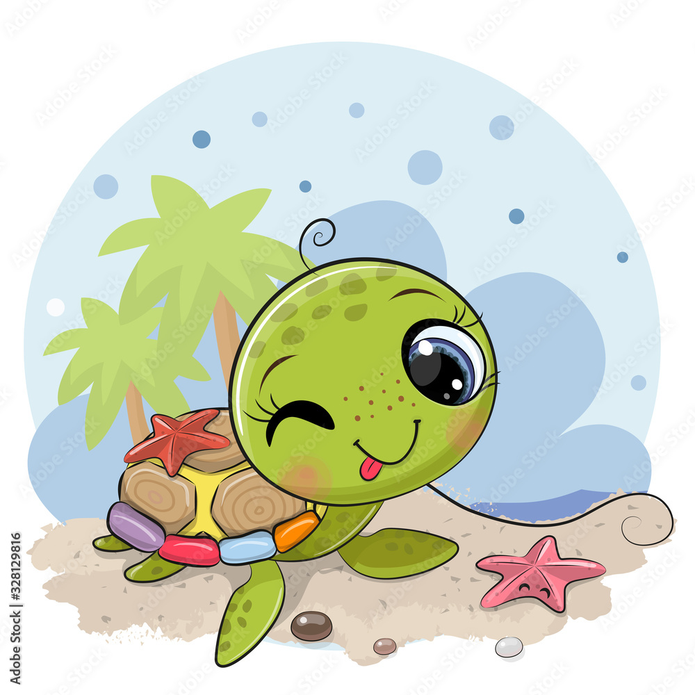 Obraz premium Cartoon water turtle on the beach