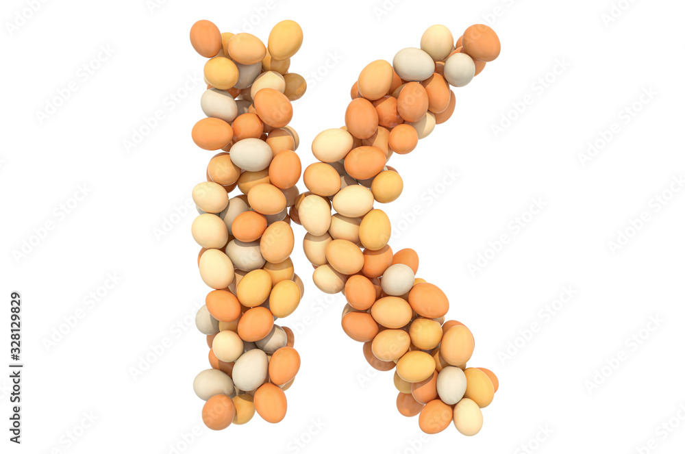 Letter K from chicken eggs, 3D rendering Letter K from chicken eggs, 3D rendering