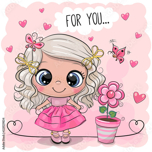 Cute girl with flower on a pink background