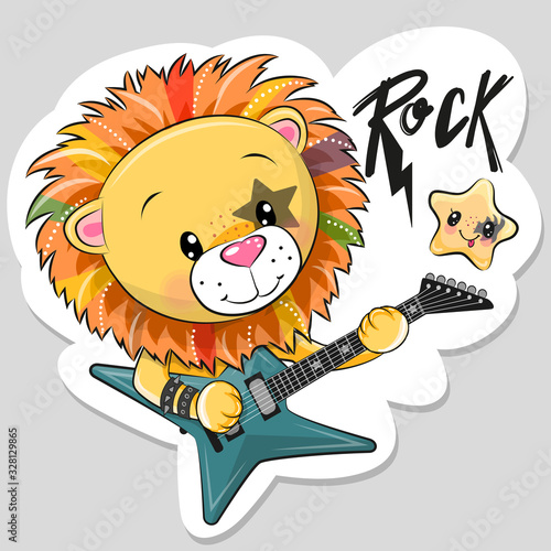 Cute cartoon rock Lion with a guitar on a white background