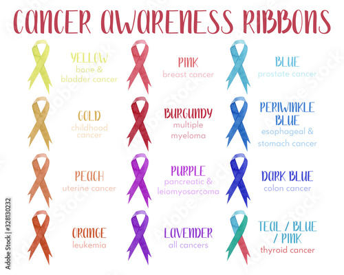 Watercolor awareness ribbons. Different color set of all cancer ribbon, isolated on white background. Perfect for medical  brochure, flyer, card