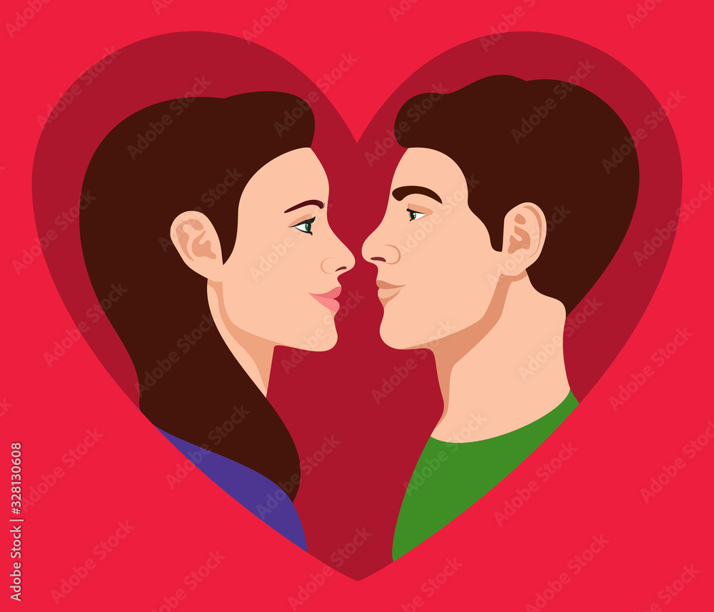 Loving couple. A young guy and a young pretty girl inside one big heart. The concept of love, romance, relationship. Postcard for Valentine's Day. Vector illustration. Loving couple. A young guy and a young pretty girl inside one big heart. The concept of love, romance, relationship. Postcard for Valentine's Day. Vector illustration.