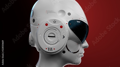 artificial Intelligence. sci fi robot head close-up on a red background. 3d render.