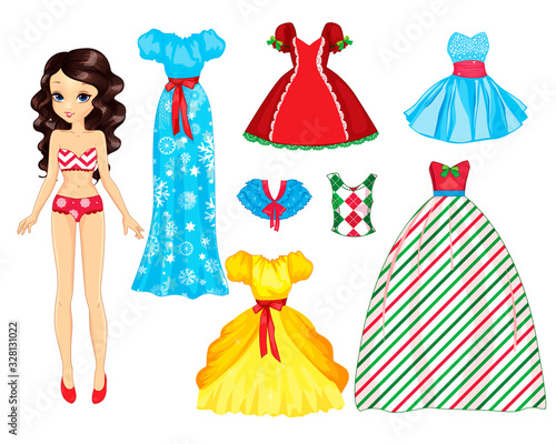 Paper Doll With Trendy Bright Fabulous Dresses