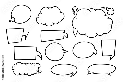 Comic bubble or balloon speech - blank black and white template for dialog, emotion, ejaculate or wording.  Hand drawn vector illustration set. Available to edit layers.