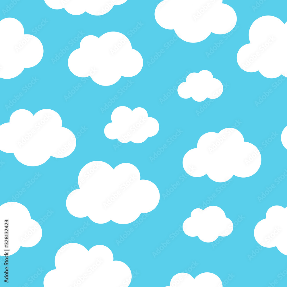 White fluffy cartoon clouds seamless pattern on light blue sky background. Vector EPS 10 illustration for kids fabric or backdrop.