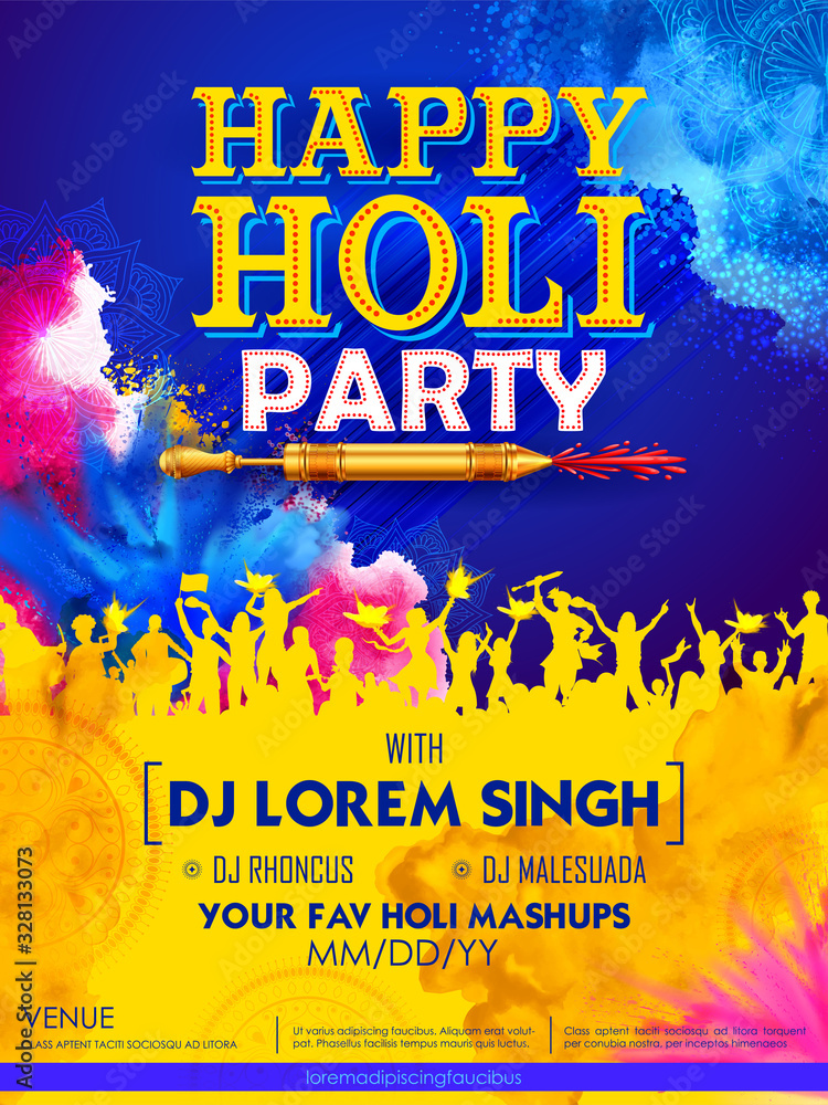 illustration of DJ party banner for Happy Holi background card design for  color festival of India celebration greetings Stock Vector | Adobe Stock