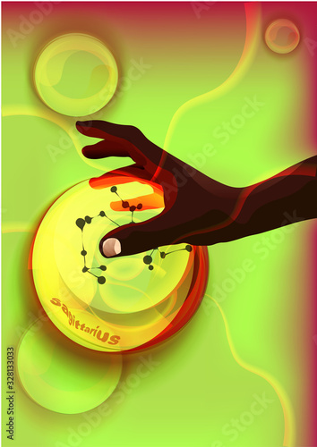 magic crystal ball in dark skin hand, red light, electric discharges and lightning, mystical illustration, zodiac sign Sagittarius