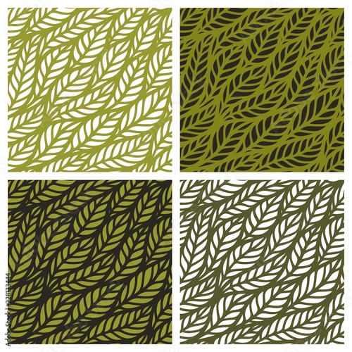 Set of seamless patterns with waves of leaves. Flower theme. Stylish background for summer and spring. Repeating texture for wallpaper design, website, print, fabrics, wrapping paper, textile. Vector 
