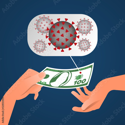 Concept of paper money contaminated by coronavirus, human hand holds banknote. On blue gradient background, flat vector illustration