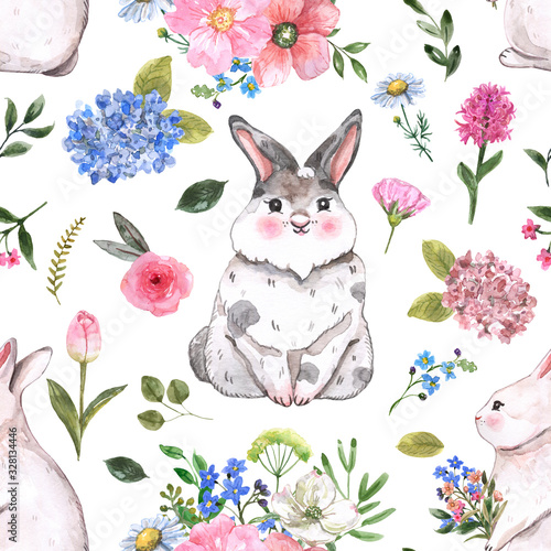 Watercolor cute Easter bunny seamless pattern. Hand drawn baby rabbits, brigh...