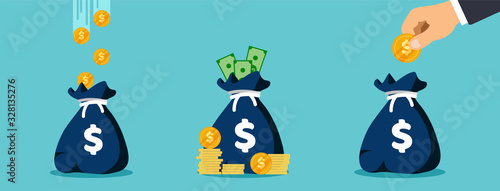Money bags with coins and dollar cash. Hand put coin into the moneybag. Vector illustration. photo