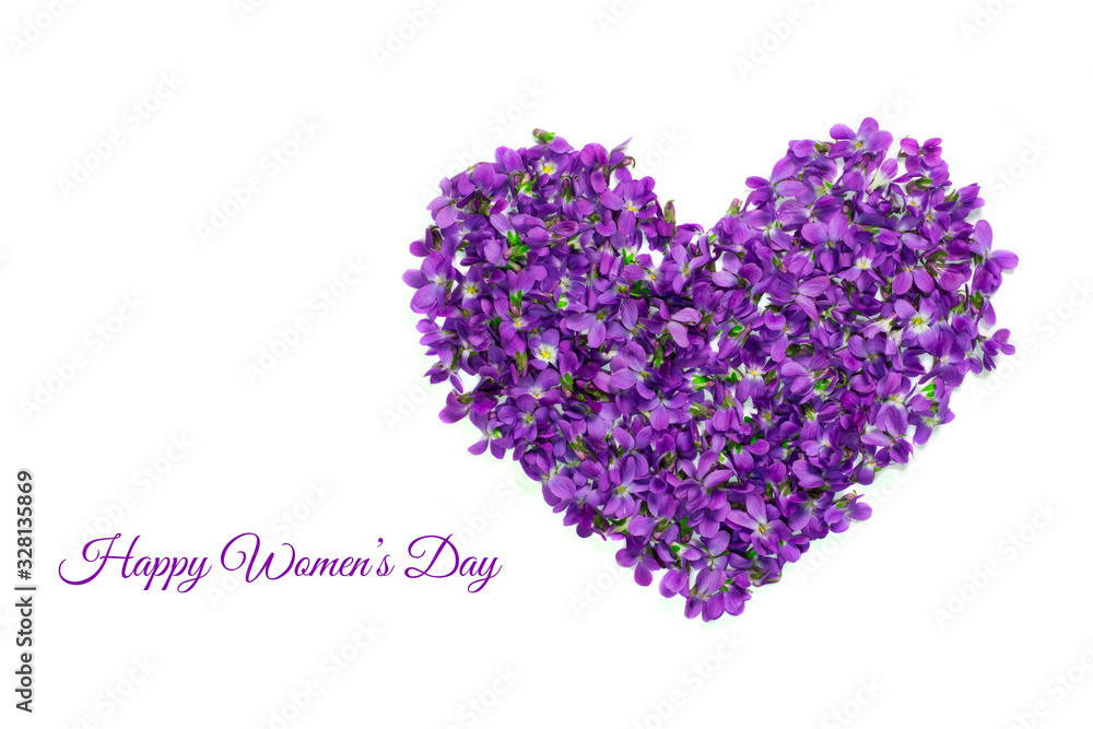 Womens day card. Heart shape flowers. Violets love symbol isolated on white background