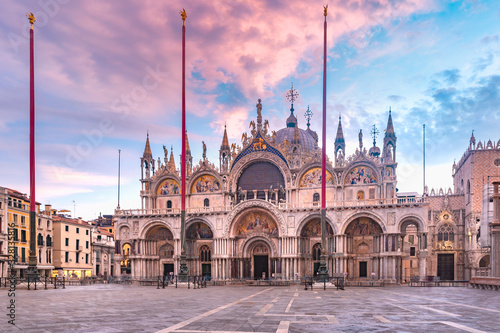 Cathedral Basilica of Saint Mark viewed from Piazza San Marco at sunrise, Venice, Italy.