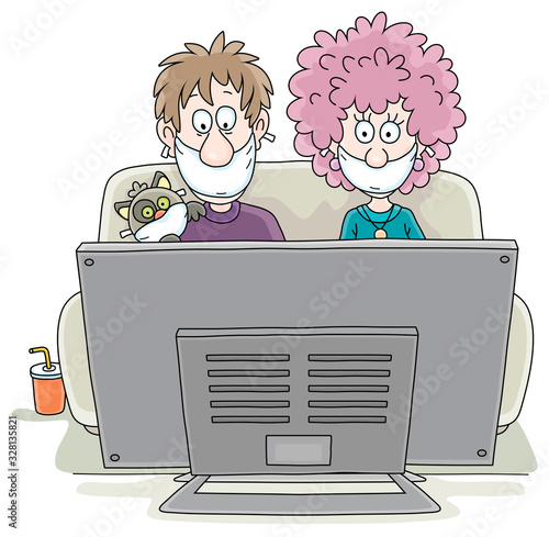 Family with scared faces and protective flu masks sitting on their sofa and watching TV news program about epidemic, vector cartoon illustration on a white background