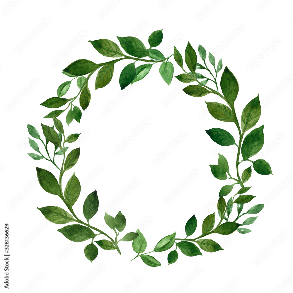 Watercolor floral greenery wreath with hand painted green leaves and ...