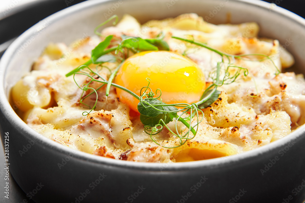 Baked carbonara closeup view