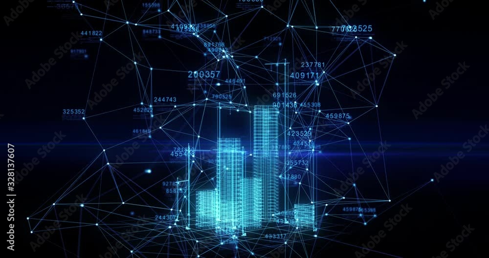 Beautiful Hologram of Growing Abstract Buildings in Cyberspace. Futuristic Technology Digital Urban Development. Business and Technology Concept. 4K Ultra HD 4096x2160 3d animation.