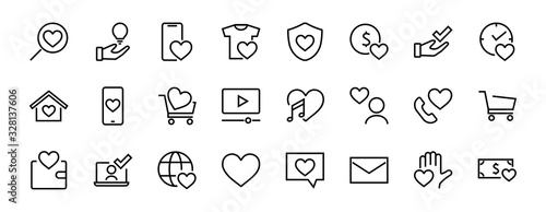 The set of icons about love contains such icons as love of music, declaration of love, heart, favorite home, Linear set. Vector on a white background. Editable stroke. 480x480
