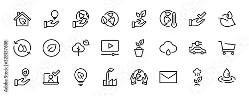 Set of icons on the theme of Ecology, vector lines, contains icons such as electric car, global warming, forest, eco, watering plants and much more. Editable stroke, White background.