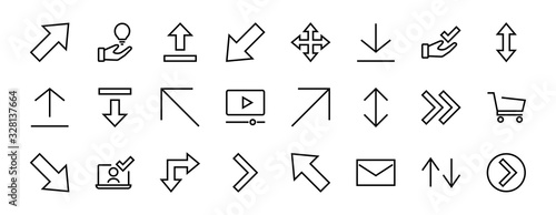 Set of line arrows, directions, arrows, contains icons such as pause, continuation, directly, to the right, Editable stroke. 480x480, On a white background, Vector illustration