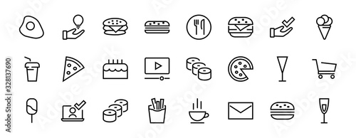 A simple set of fast food icons related to the vector line. Contains icons such as pizza, burger, sushi, bike, scrambled eggs and more. EDITABLE stroke. 480x480 pixels perfect, EPS 10