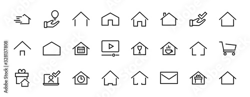 Simple set of color editable house icon templates. Contains such icons, home calendar, coffee shop and other vector signs isolated on a white background for graphic and web design