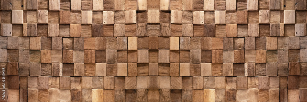 Brown wooden cubes texture background banner panorama - obrazy, fototapety, plakaty 