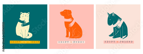 Adopt a Friend. Do not buy a pet. Human hands are hugging Dogs and Cat. Animal care, adoption concept. Help the homeless animals find a home. Set of three Hand drawn Vector illustrations