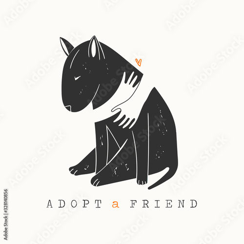 Adopt a Friend. Do not buy a pet. Human hands are hugging a Dog silhouette. Animal care, adoption concept. Help the homeless animals find a home. Hand drawn Vector illustration