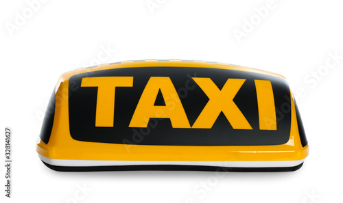 Yellow taxi roof sign isolated on white