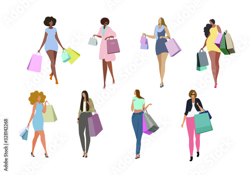 Vector set illustration of beautiful girls character going shopping with purchase. walking women poses 