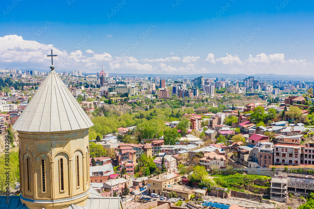 St. Nicholas church located inside famous Narikala fortress, Tbilisi, Georgia, with  houses of the Old Town seen in the background