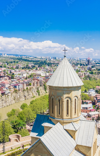St. Nicholas church located inside famous Narikala fortress, Tbilisi, Georgia, with  houses of the Old Town seen in the background