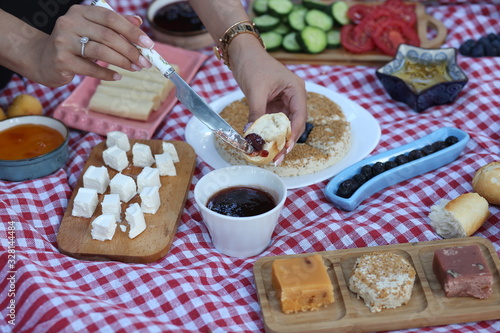 having a picnic and applying bread jam