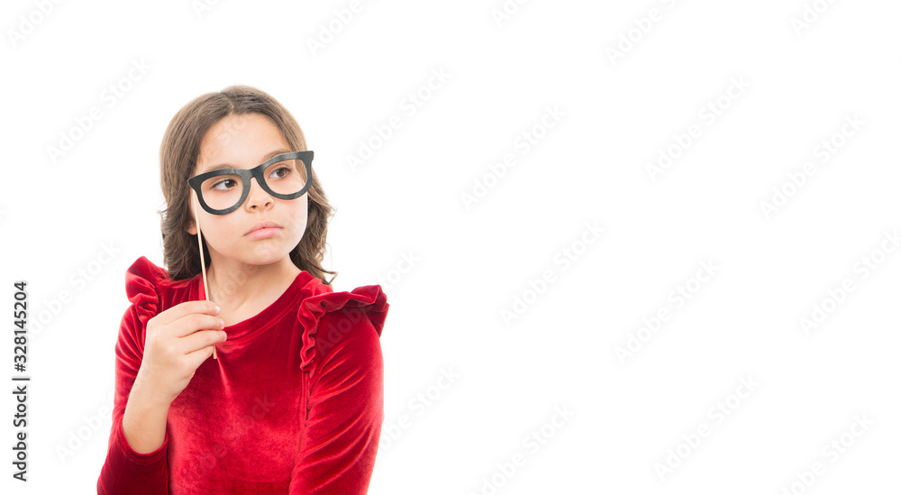 Smart baby. Kid hold cute eyeglasses photo booth props accessory. Child charming isolated white background. Girl hold eyeglasses for party. Child with eyeglasses copy space. Little nerd concept Smart baby. Kid hold cute eyeglasses photo booth props accessory. Child charming isolated white background. Girl hold eyeglasses for party. Child with eyeglasses copy space. Little nerd concept