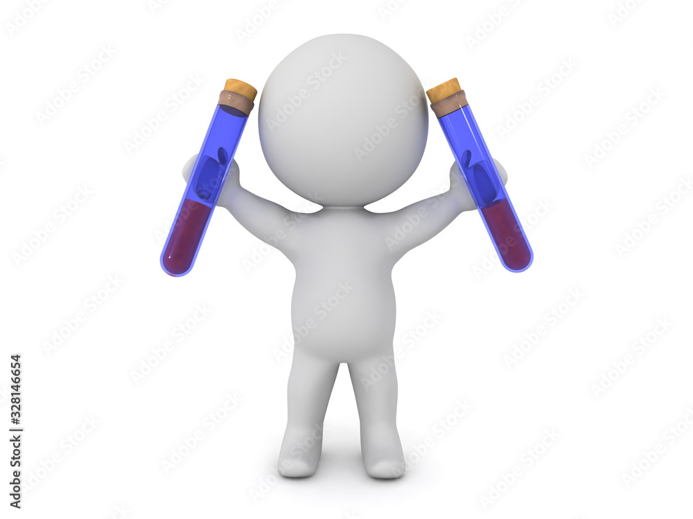 Happy 3D Character holding up two vials with liquid Happy 3D Character holding up two vials with liquid
