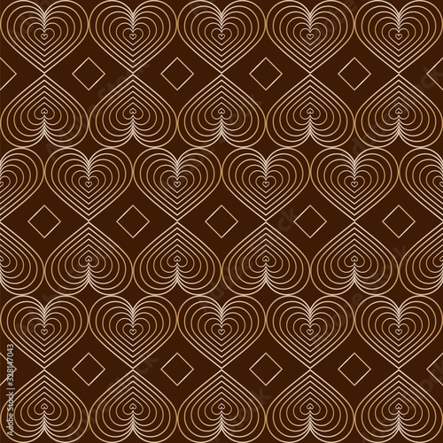 Seamless modern pattern. In vintage art deco style. Trend 2020. Isolated gradient lines of heart beige elements on brown background. For backgrounds, fills, packaging, wallpaper design, print etc.