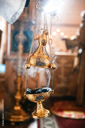 smoking censer during the religious rite in a russian orthodox church