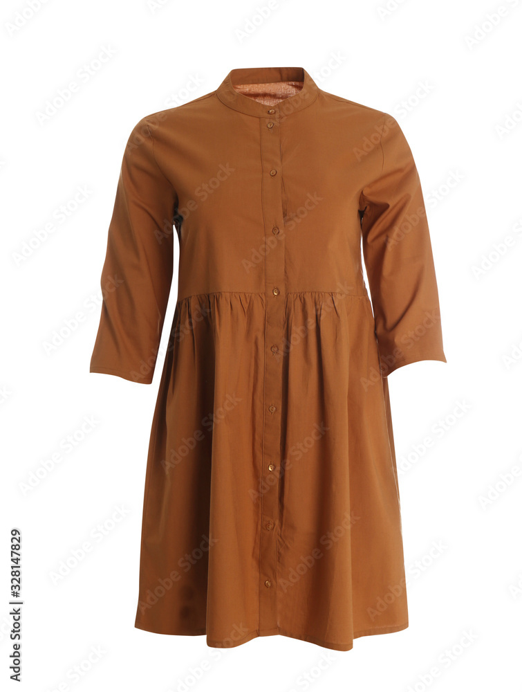 Elegant brown dress on mannequin against white background. Women's clothes Elegant brown dress on mannequin against white background. Women's clothes