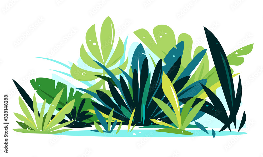Decorative composition of different jungle plants on ground, group of green plants isolated, dense vegetation of the jungle - obrazy, fototapety, plakaty 