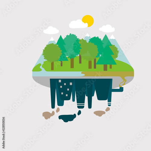 Green nature landscape and industrial landscape with smog and dirty polluting. Concept Carbon neutral, Environment Carbon dioxide pollutions, Nature Pollution, Plant Pipe, Dirty Waste Air, water.