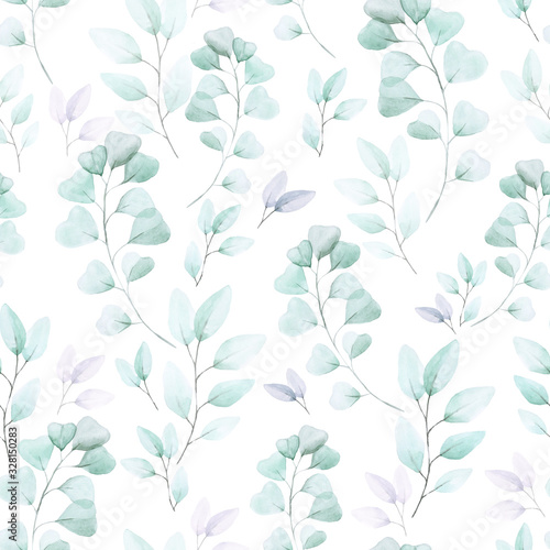  Seamless pattern watercolor drawing eucalyptus leaves isolated on white background. delicate print for wallpaper, wrapper, fabric, textile. design for a wedding.